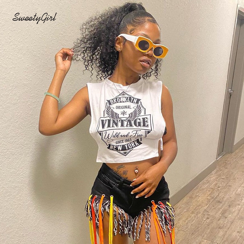 Áo Croptop Sát Nách Cổ Tròn In Chữ Phối Màu Tương Phản Thời Trang 2022 Cho Nữ