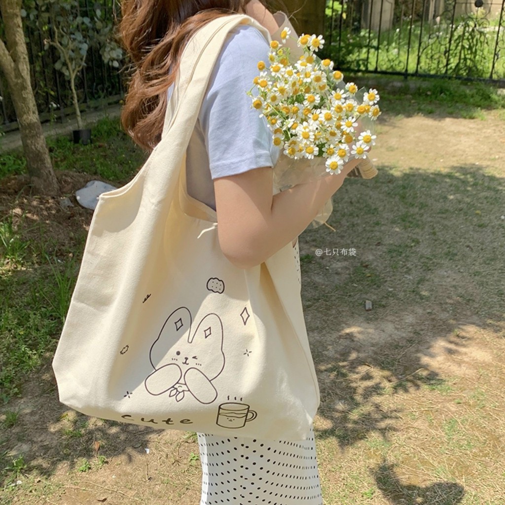 Túi tote vải canvas cao cấp phong cách Hàn quốc - THỎ CUTE họa tiết