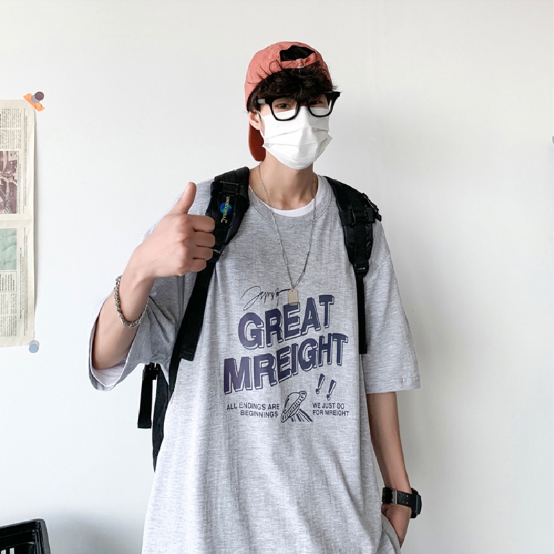 Áo thun tay ngắn cổ tròn dáng rộng in chữ phong cách Hàn Quốc size S-8XL cho nam