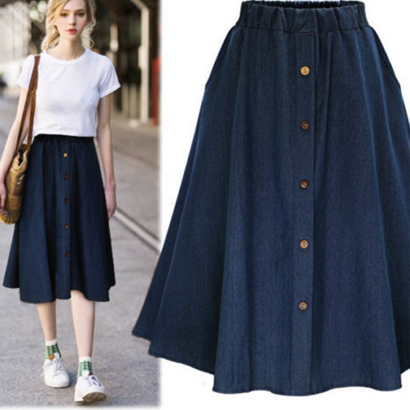 Chân váy denim dài qua gối phối 1 hàng nút thời trang đơn giản cho nữ