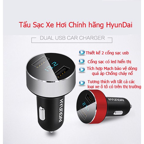 TẨU SẠC HYUNDAI CHÍNH HÃNG 2 CỔNG HỖ TRỢ SẠC NHANH CHO Ô TÔ, XE HƠI ( TẶNG KÈM CÁP SẠC LIGHTNING )