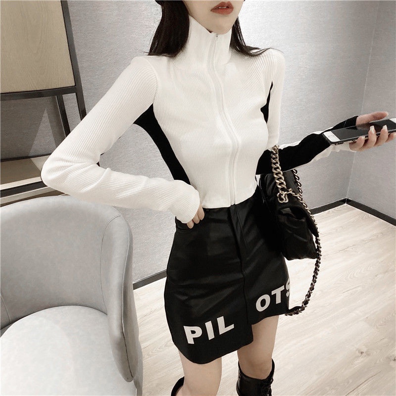 COZOK Áo khoác len cardigan cổ cao ôm dáng phối khóa kéo đa năng