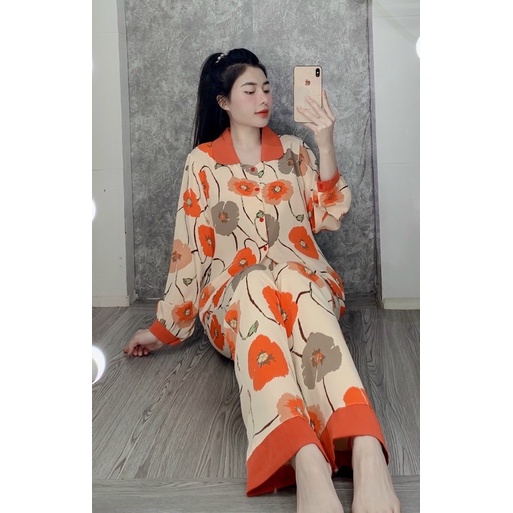 Bộ Pizama mặc nhà cổ sen 2 lá lụa cao cấpBộ Ngủ lụa tay dài quần dài hoạ tiết sang trọng mát [HÀNG CHUẨN] [ẢNH THẬT