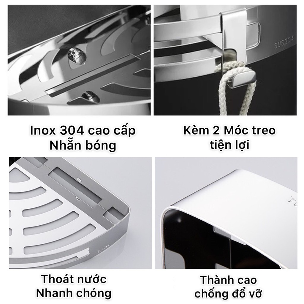 Kê góc / chữ nhật dán tường inox 304 sơn tĩnh điện để dầu gội đầu, sữa tắm