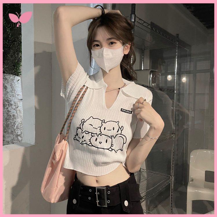 áo len croptop tay dài Áo Sweater Tay Ngắn Dáng Ôm Thêu Hình Mèo Thời Trang Mùa Hè 2022 Mới