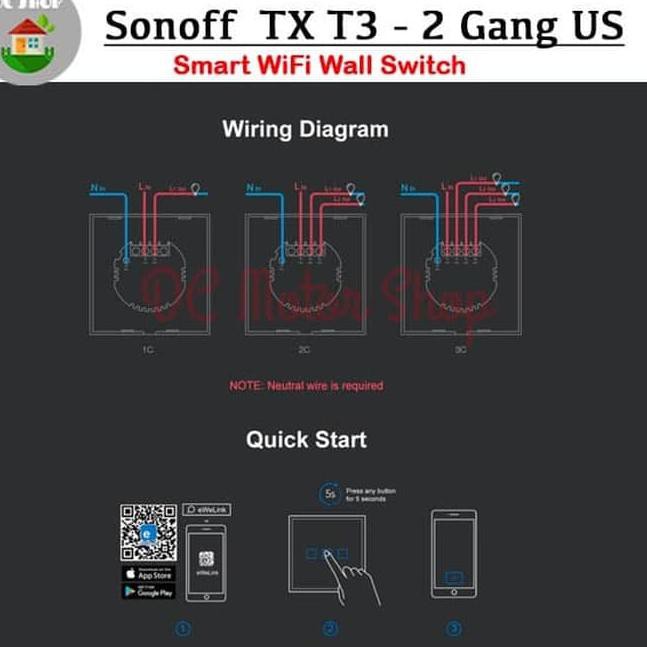 Công Tắc Cảm Ứng Thông Minh Gắn Tường Sonoff Touch Tx T3 Us-2Gang Wifi-Fi & Rf 433mhz