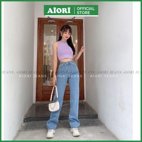 [Cao Cấp - Dài 105 cm] Quần Jean Nữ Ống Rộng Cao Cấp Kẻ Sọc Dọc Thời Trang Hàn Quốc Aiori Jeans_Mã S325