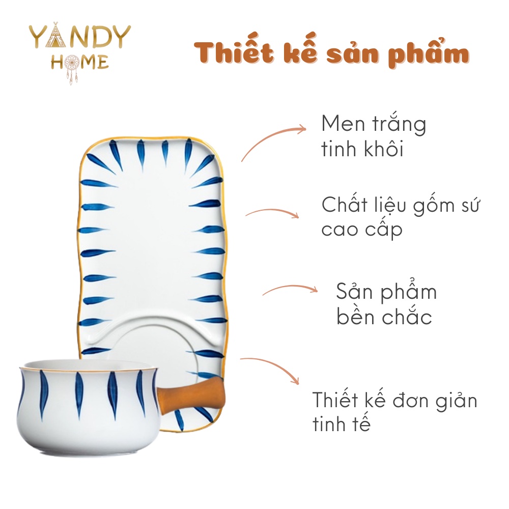 Bộ bát sứ có tay cầm kèm đĩa chữ nhật YANDY HOME BB08 quánh có dĩa gốm men cao cấp