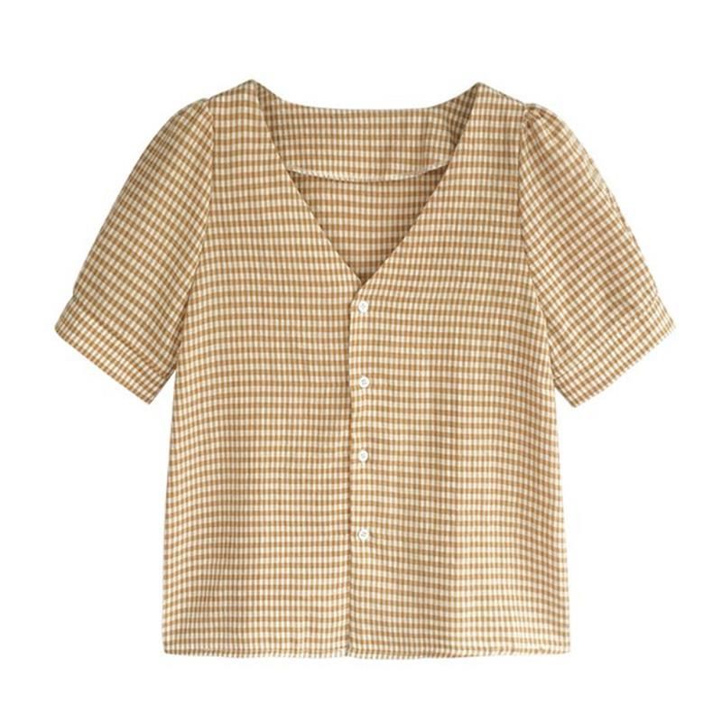 Áo Sơ Mi Tay Ngắn Dáng Rộng Cổ Chữ V Kẻ Ca-Rô Trẻ Trung Thanh Lịch Hợp Thời Trang