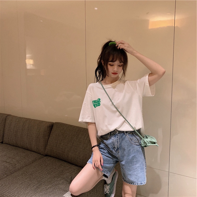 SUXI Áo Thun Tay Ngắn Phối Ren Hoa Thiết Kế Dáng Rộng Thoải Mái