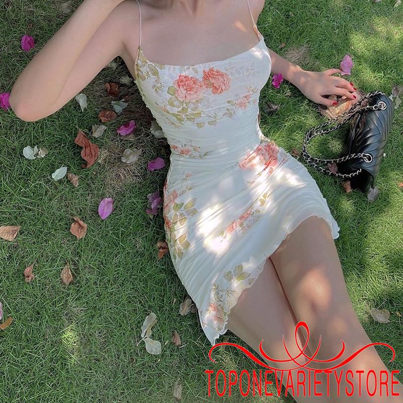 TOPQ-Đầm Mini Không Tay Phối Bèo In Hoa Phong Cách Vintage Cho Nữ