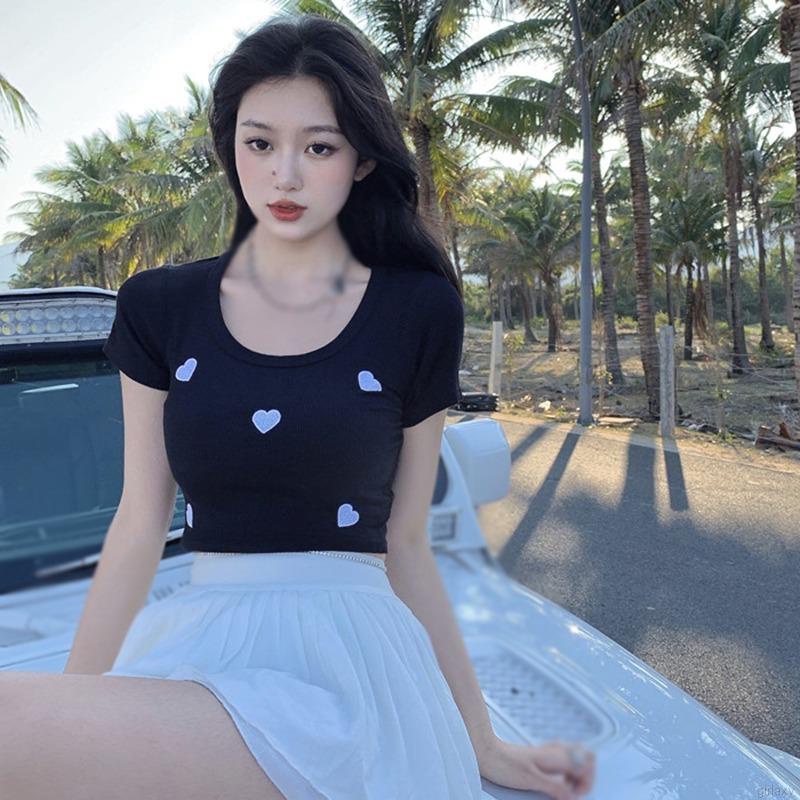 Áo Croptop Ngắn Tay In Hình Trái Tim Xinh Xắn Kiểu Hàn Quốc Cho Nữ