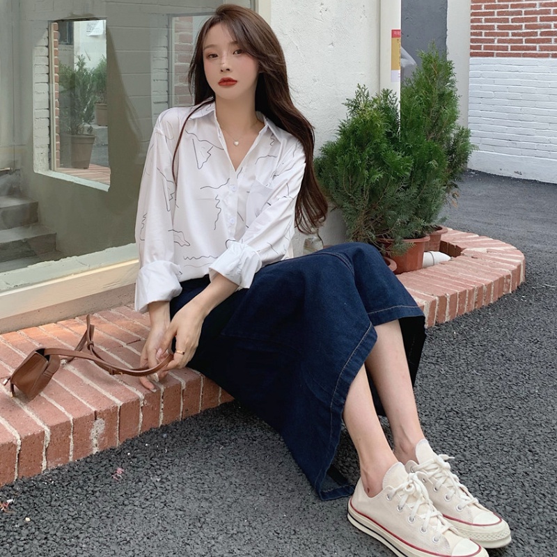 Linki ❀ Áo Sơ Mi Nữ Tay Dài Form Rộng Họa Tiết Đơn Giản