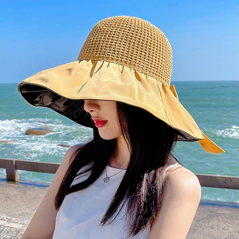 Mũ Cói Rộng Vành Che Nắng Đính Nơ Keo Đen Chống Tia UV Thời Trang Mùa Hè Cho Nữ