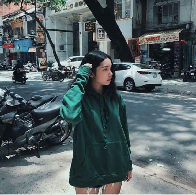 Hoodie basic rêu tay dài hình thật