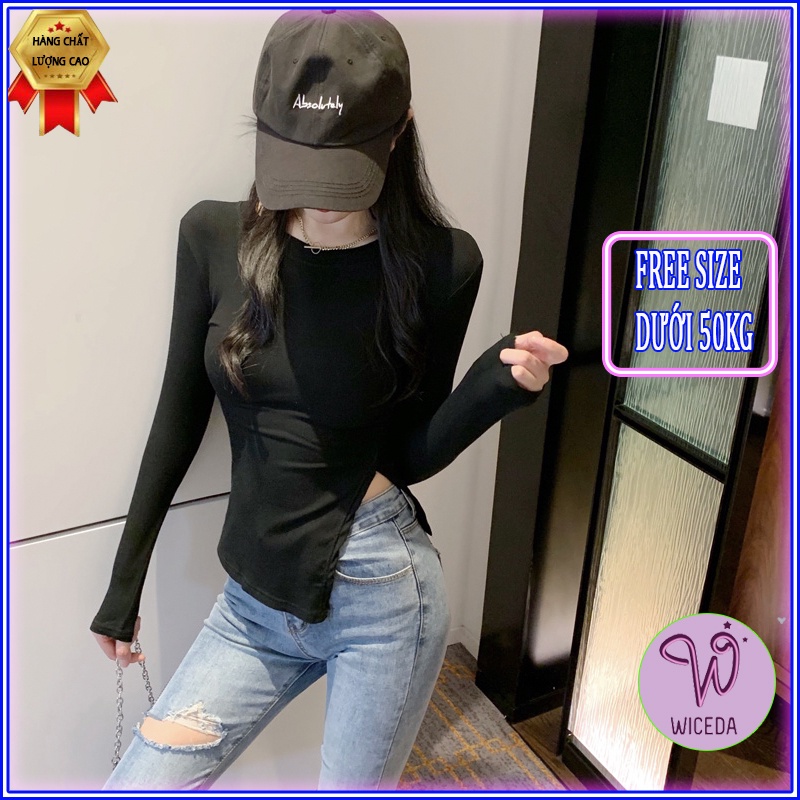 Áo croptop dài tay xẻ tà đẹp , áo thun xinh ôm body chất lụa cotton 2 màu đen trắng Wiceda 352