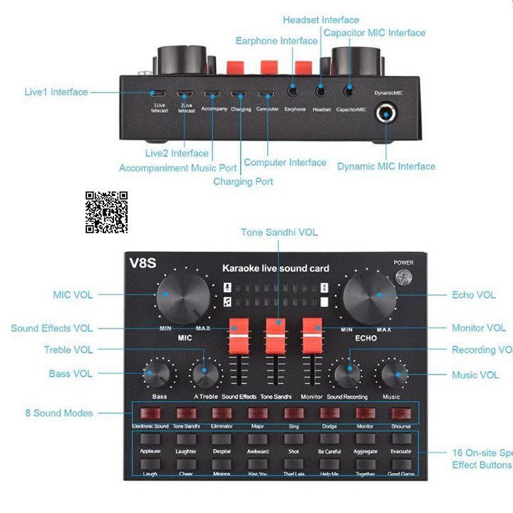 Sound card âm thanh V8S có bluetooth cùng pin sạc - hát thu âm, livestream và karaoke,hàng chuẩn Phuzinshop