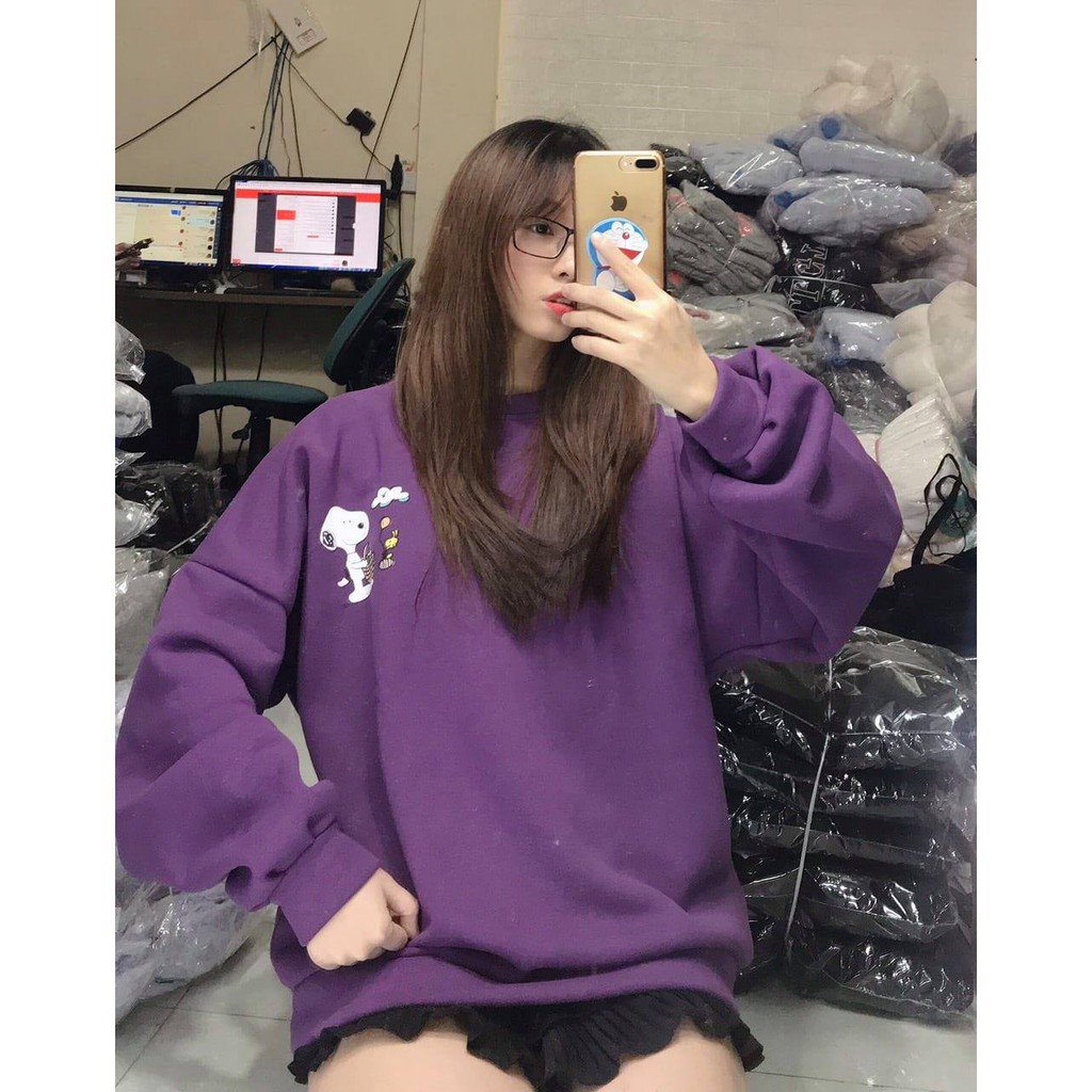 Áo sweater nỉ lót lông in hình chó happy puggy cực xinh form rộng kèm ảnh/video thật | BigBuy360 - bigbuy360.vn