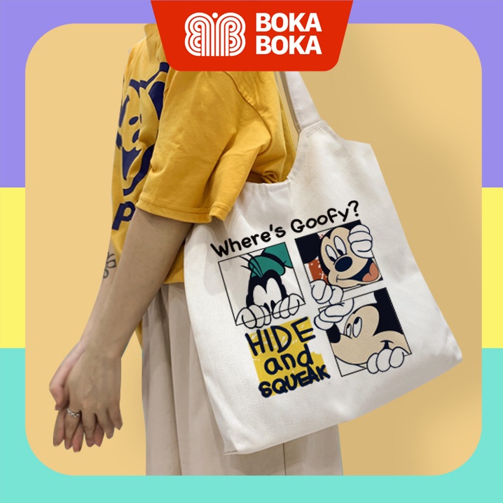 Túi Tote Vải Canvas Quai Tròn Hình Mickey & Friends Có Khóa Miệng Túi