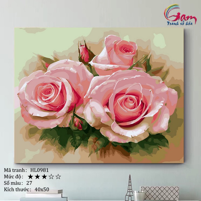 Tranh tô màu theo số sơn dầu số hóa Hoa hồng HL0981