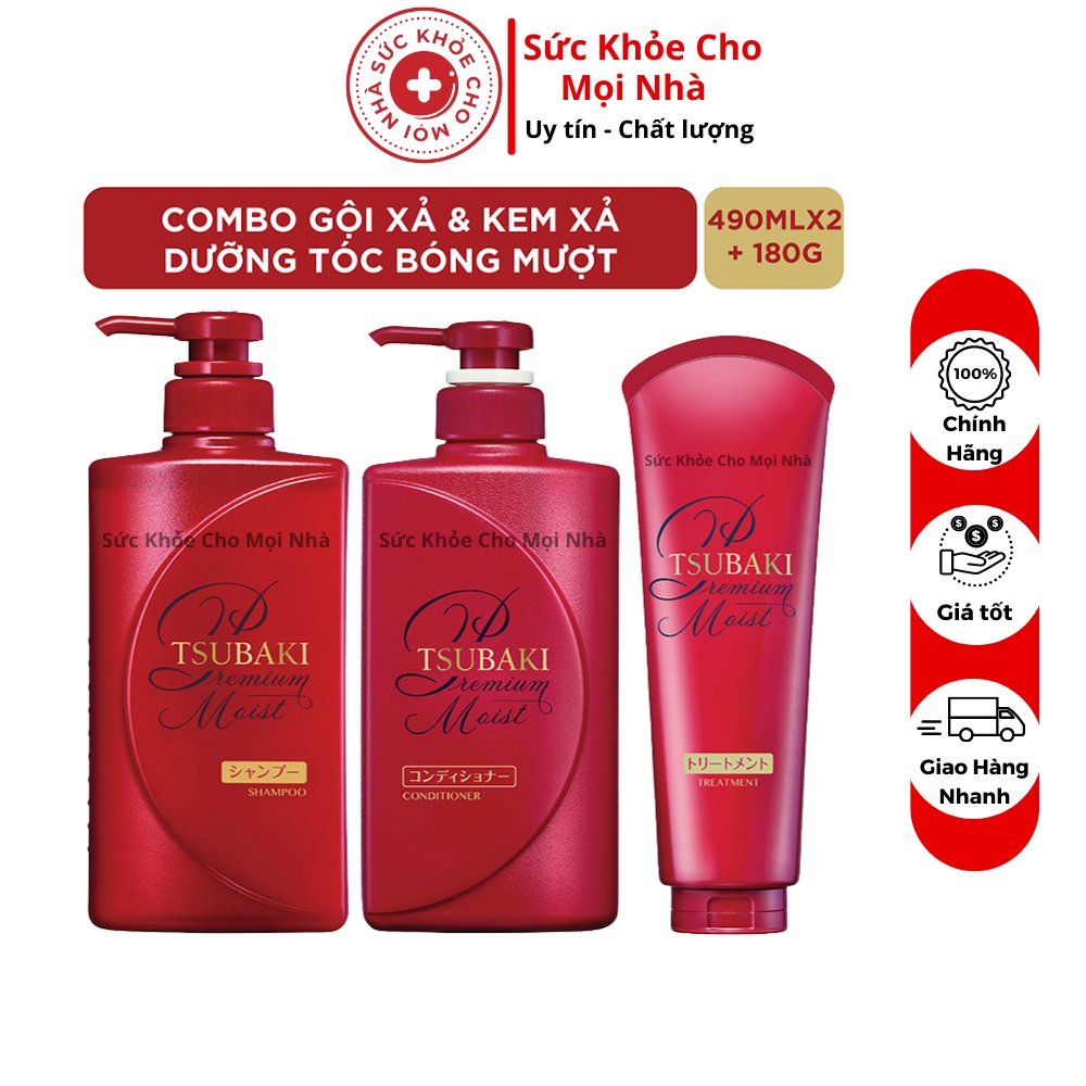 Combo gội xả và kem xả Premium Moist Tsubaki.  Hỗ trợ tăng cường độ ẩm và dưỡng tóc bóng mượt giảm khô sơ