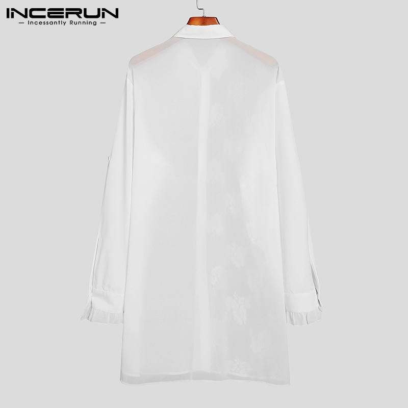 Áo Sơ Mi Incerun Tay Dài Chắp Vải Xuyên Thấu Thêu Họa Tiết Thời Trang Cho Nam