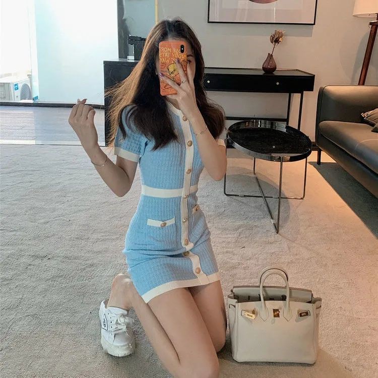 Shilofen👗 Đầm Dệt Kim Ôm Eo Thời Trang Mùa Hè Cho Nữ