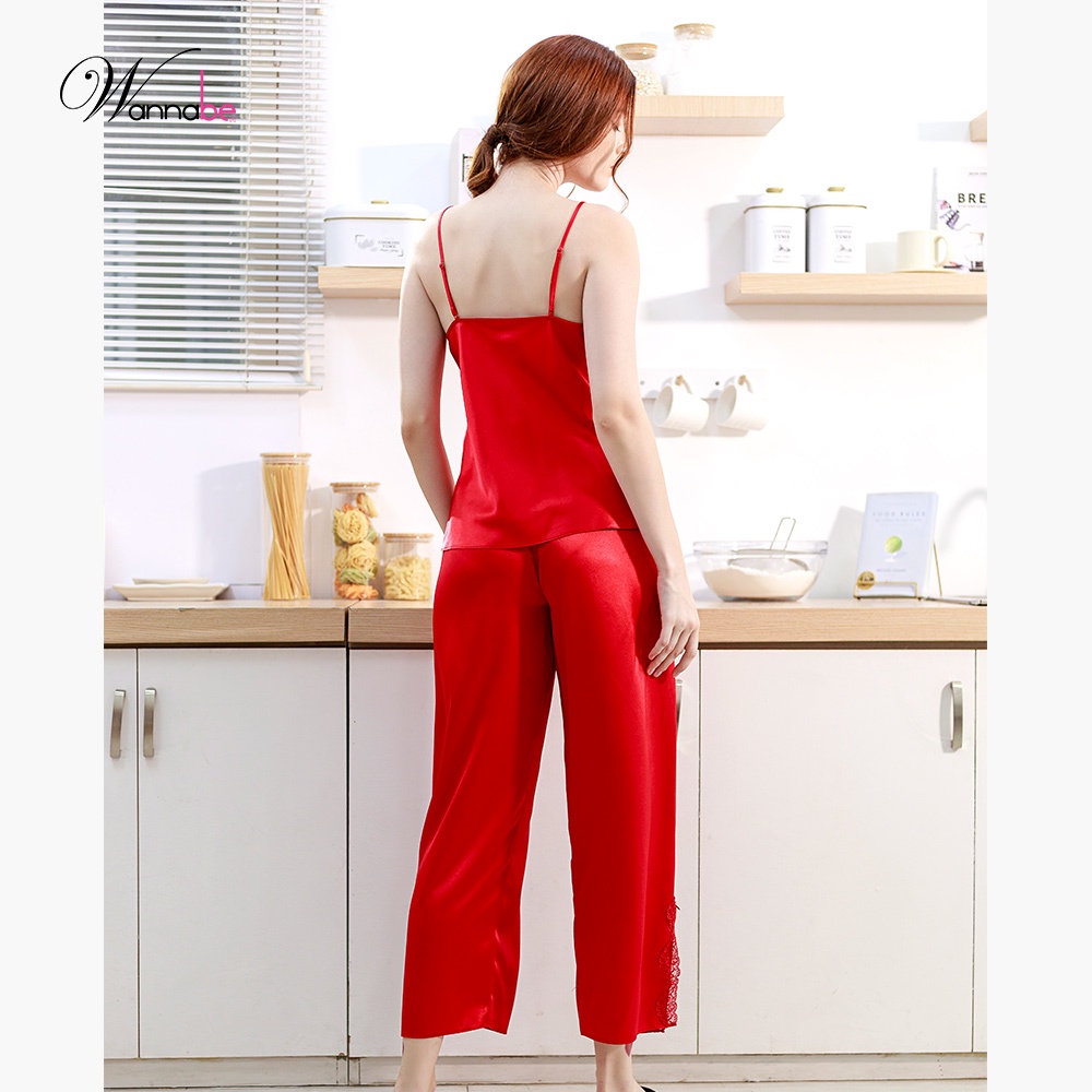 Đồ bộ mặc nhà phi lụa cao cấp Wannabe, bộ dài BDS41 cúp ngực viền ren gợn sóng nữ tính quý phái