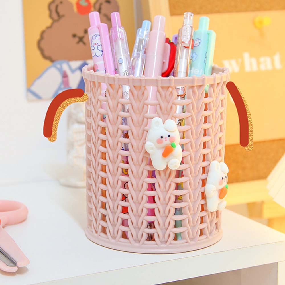 Giỏ cắm bút cọ trang điểm nhựa giả mây để bàn tiện dụng