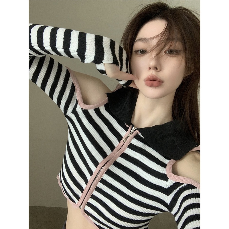Áo Dệt Kim Tay Dài Trễ Vai Họa Tiết Kẻ Sọc Phong Cách Hong Kong Cổ Điển Thời Trang Cho Nữ
