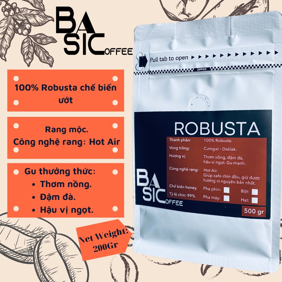 Cà Phê Robusta Nguyên Chất Rang Xay Mộc 200gr Dùng Thử Bassic Coffee Vị Đắng Đầm Thơm Pha Máy Pha Phin Cafe Sạch Đăk Lăk