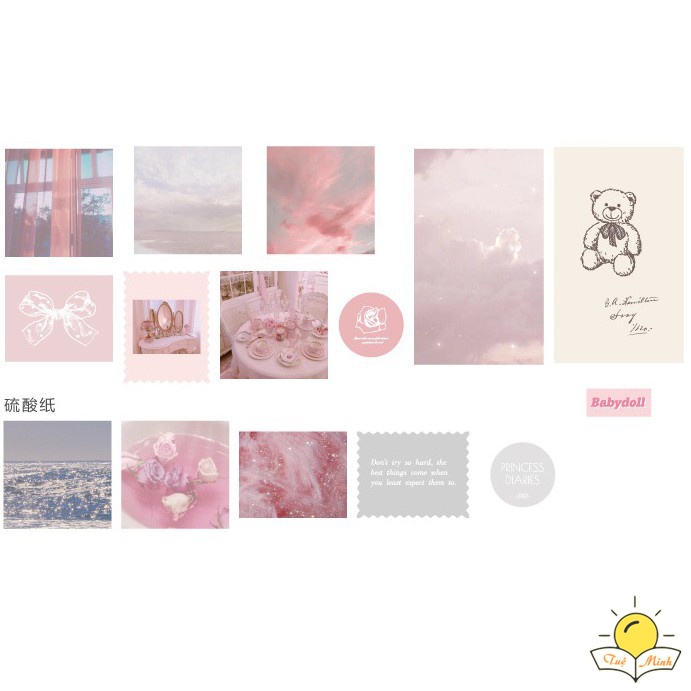 Hình nhãn dán Sticker 15 ảnh trang trí sổ, thiệp hình thiên nhiên/hồng Pastel Tuệ Minh