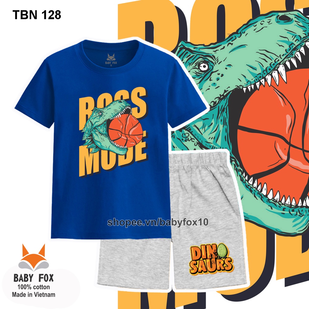 Bộ thun bé trai 100% cotton loại tốt, thương hiệu BABY FOX, hình khủng long T-rex, size nhỏ, trung, đại b