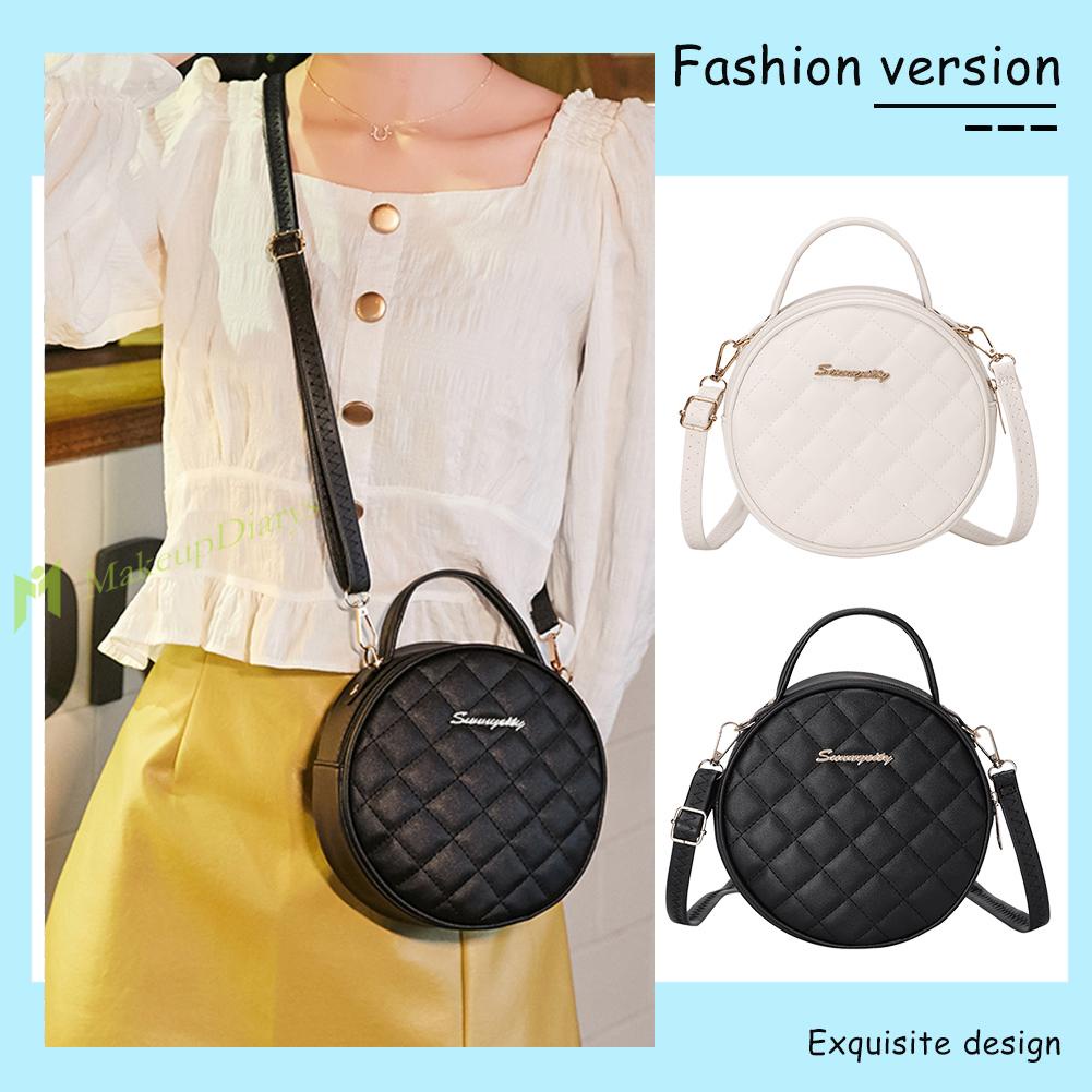 Túi xách da PU hình tròn mini màu trơn họa tiết lưới thời trang cho nữ