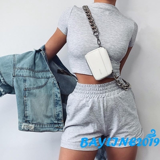 ❀Bộ đồ 2 món May-Nữ, Áo Crop top ngắn tay cổ tròn màu trơn
