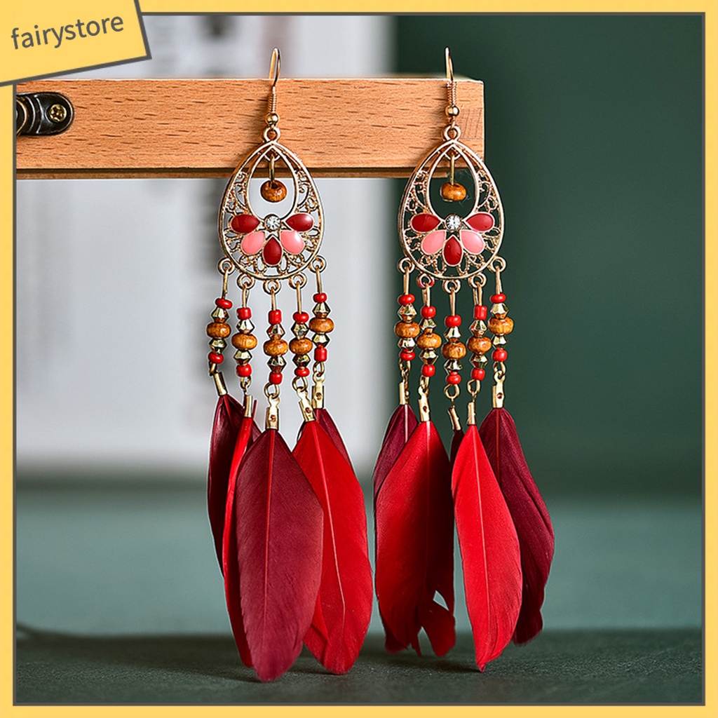 1 Đôi Bông Tai Dáng Dài Phối Lông Vũ Phong Cách Bohemian Thời Trang