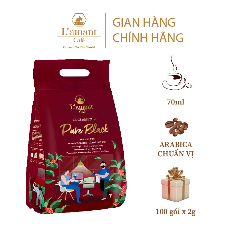 Cà phê hòa tan đen L'amant vị nguyên chất Pure Black (Túi 100 gói x 2gr)
