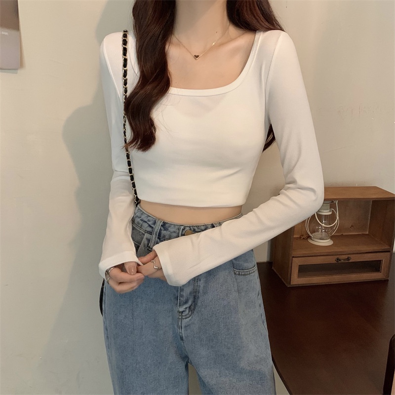 [Mã FAMARAL1 giảm 10K đơn 50K] Áo Croptop Tay Dài Cổ Vuông Màu Trơn Chất Cotton 4 chiều Phong Cách Hàn Quốc RT6