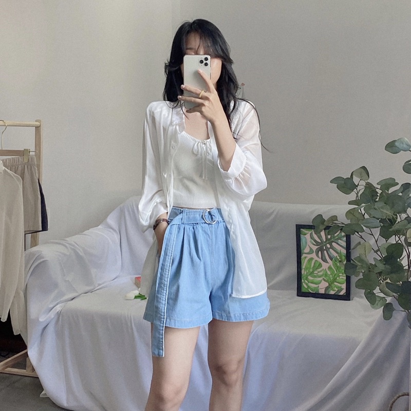 Áo croptop nhún ngực cộc tay phồng chất thun len gân