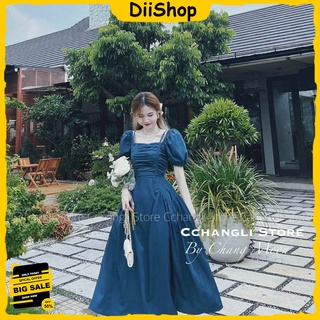 Đầm maxi vintage mặc đi chơi, đầm tiểu thư tay phồng, đầm cổ vuông xếp ly, đầm basic Hàn Quốc, váy xòe bồng dài