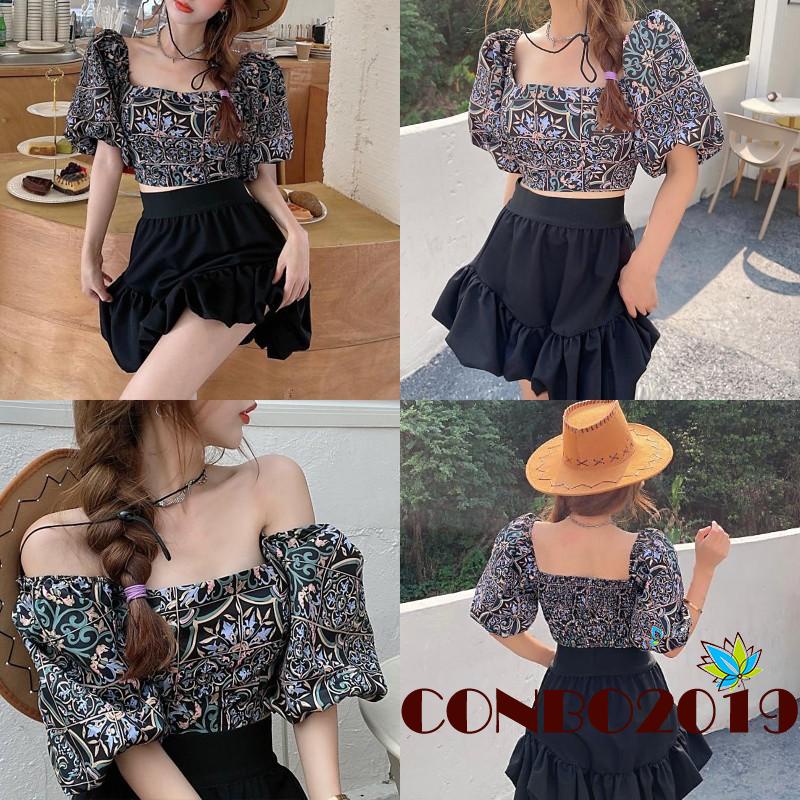 Áo croptop trễ vai tay phồng in họa tiết thời trang cho nữ
