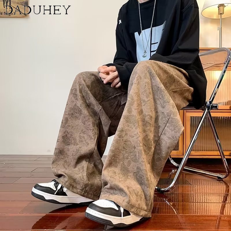 DaDuHey Men's 2022 Trendy All-Matching Ins Hong Kong Style Fashion Loose Corduroy Straight Pants Casual Pants