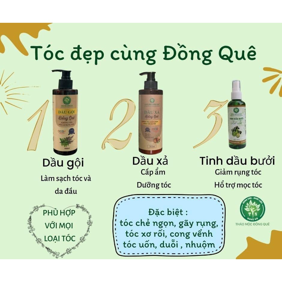 DẦU XẢ BƯỞI DỪA dưỡng tóc mềm mượt, Kích mọc tóc dày, Ngăn rụng tóc khô, chống hói đầu, Giảm gàu Natural Đồng Quê 300ml