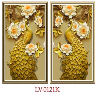Bộ 2 tranh chim công đối xứng dán tường chọn mẫu in PP kim sa