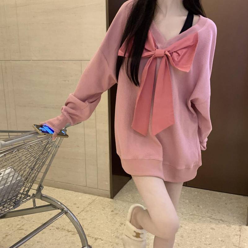 Áo len nữ tay dài cổ chữ V thắt nơ thời trang