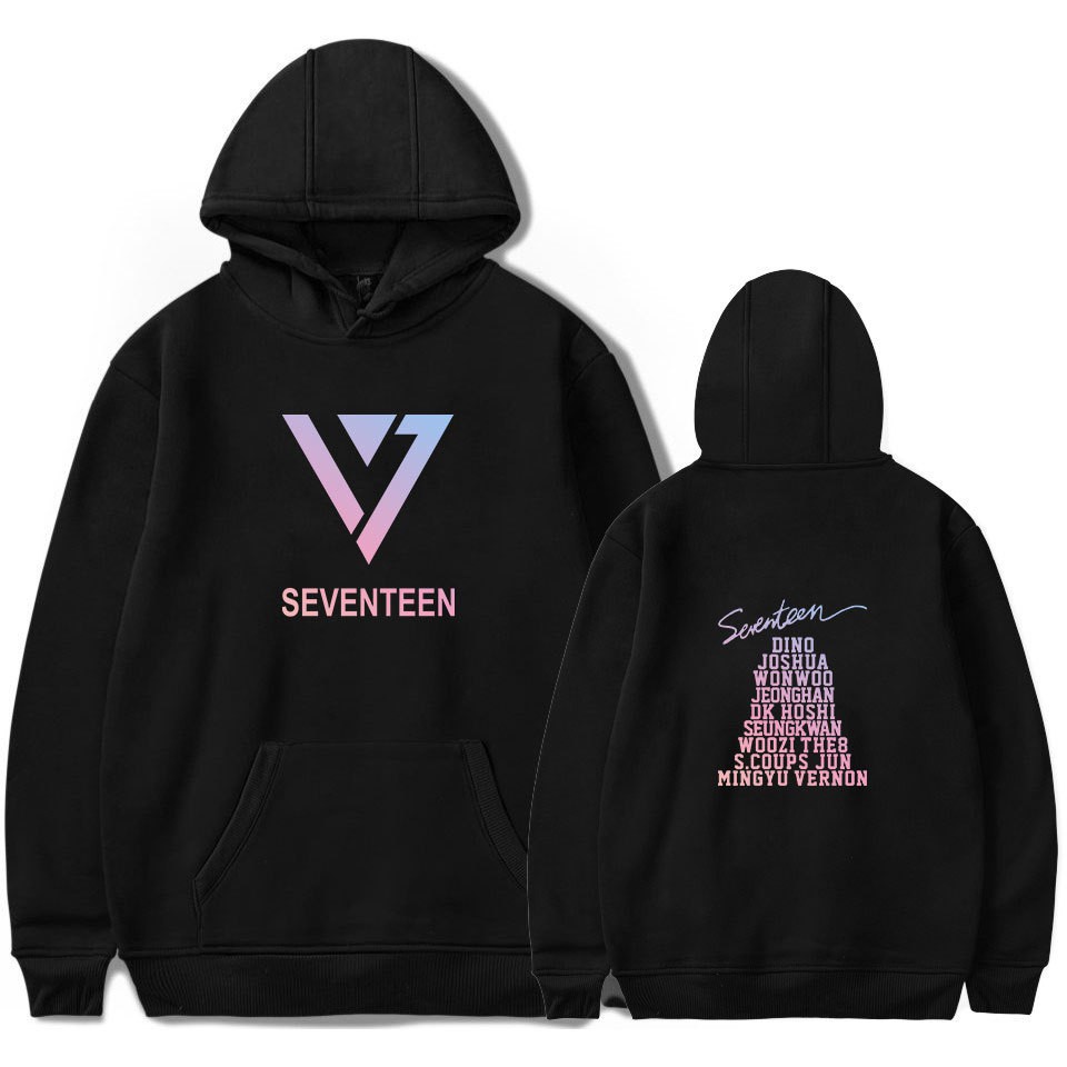 JZGSC Áo hoodie cotton chui đầu dáng rộng in logo nhóm nhạc Seventeen có mũ trùm đầu size lớn làm quà tặng sinh nhật giản dị cho nam