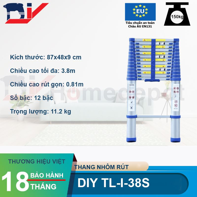 Thang nhôm rút đơn DIY TL-I-38S chiều cao sử dụng tối đa 3.8m - Tiêu chuẩn chất lượng an toàn Châu Âu