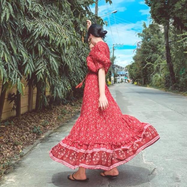 VIP (Ảnh thật) Váy đầm maxi boho thổ cẩm vintage dáng dài tay ngắn cổ V xoè tua rua hoạ tiết đi du lịch chụp ảnh