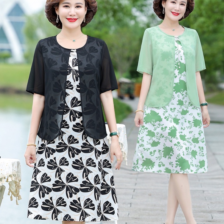 Đầm Tay Ngắn Giả Hai Lớp Thời Trang Mùa Hè Mới Dành Cho Phụ Nữ Trung Niên 5060 Tuổi