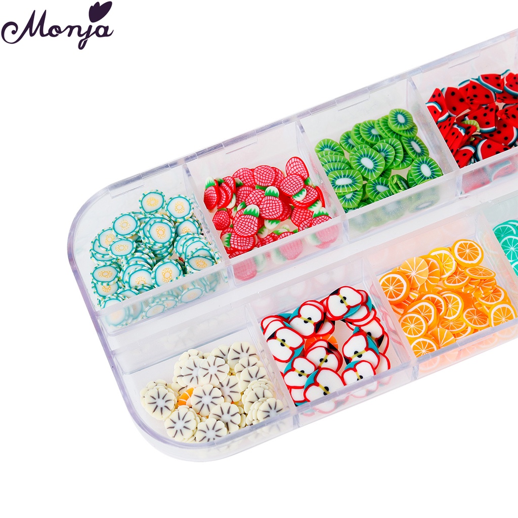 Monja Hộp phụ kiện trang trí móng tay 12 ô hình trái cây 3D DIY dễ thương